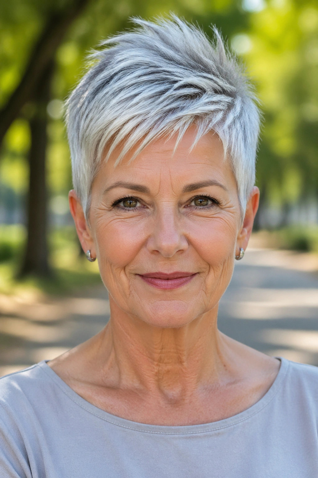 Close-up portrait of a real woman with a silver fox pixie hairstyle in a sunlit park