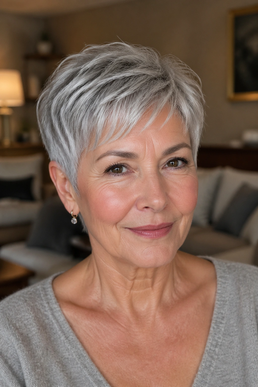 Close-up of a 60+ woman with a silver pixie and micro layers.