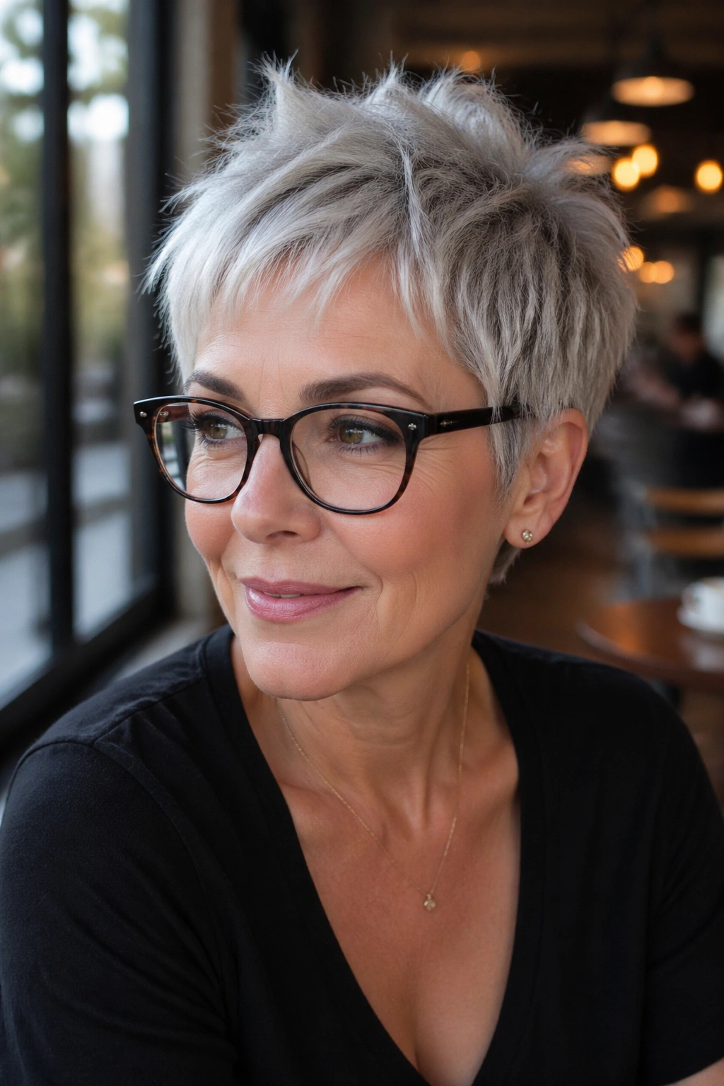 Close-up of a woman with silver pixie and piecey ends.