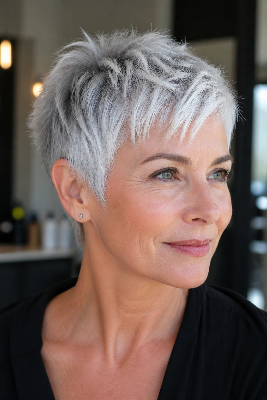Close-up of a real woman with a silver pixie and razor texture in bright light.