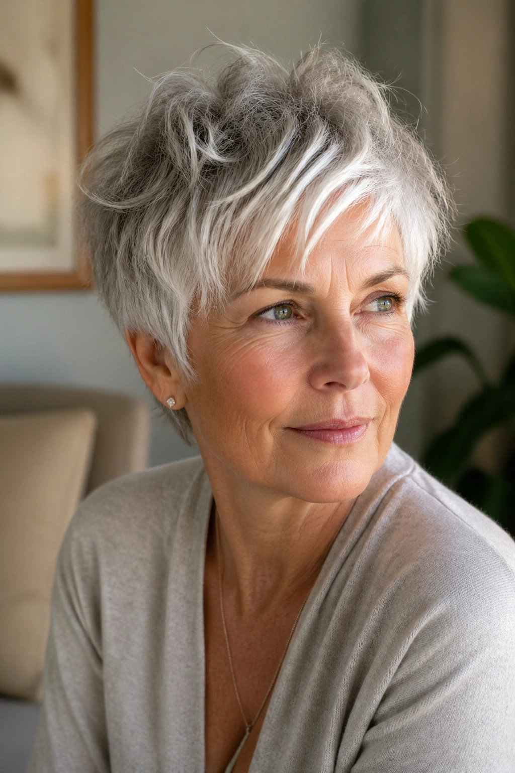 Portrait of a real woman with a silver pixie shag hairstyle