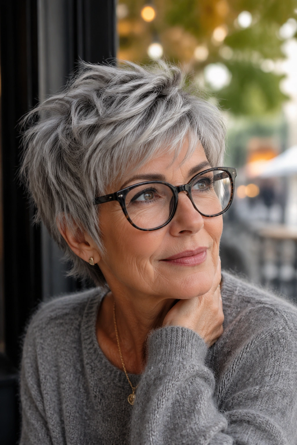 Close-up of a real woman with textured silver pixie shag