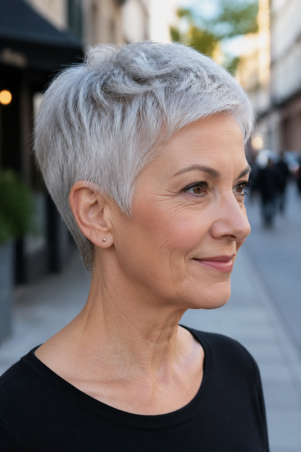 Close-up of a woman with a silver pixie and soft taper