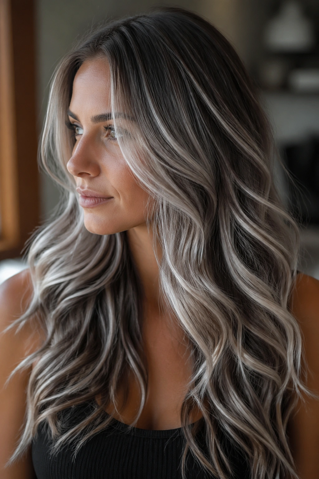 Close-up of long layered hair with silver ribboning and soft waves