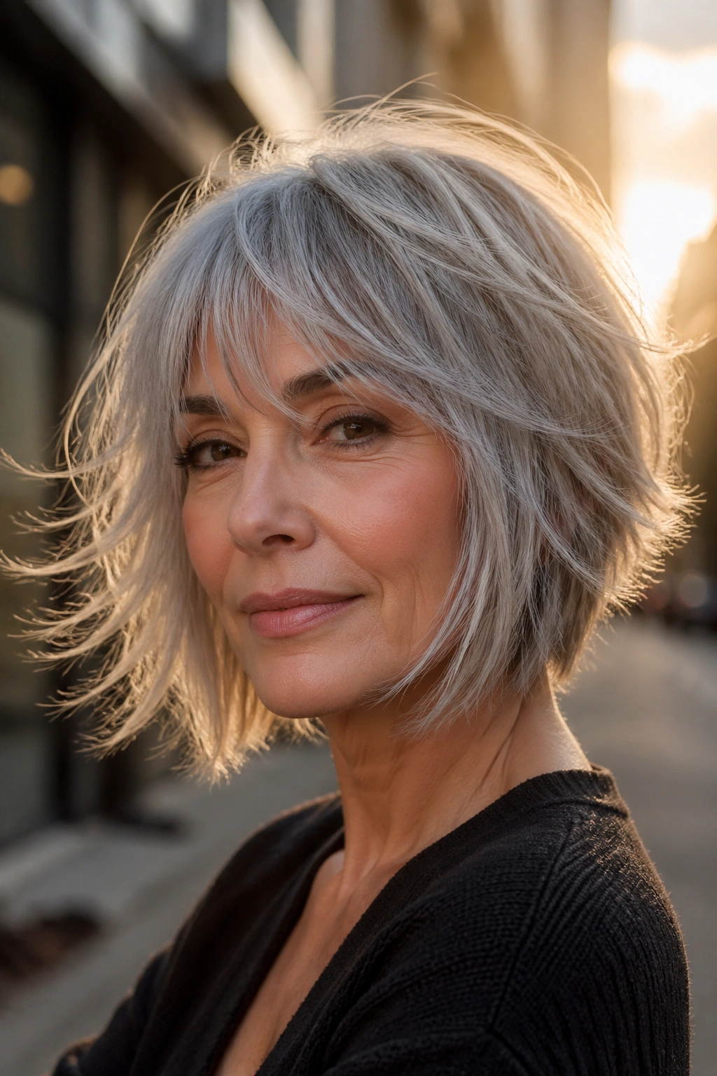 Real woman with silver shag haircut shown outdoors in golden hour light