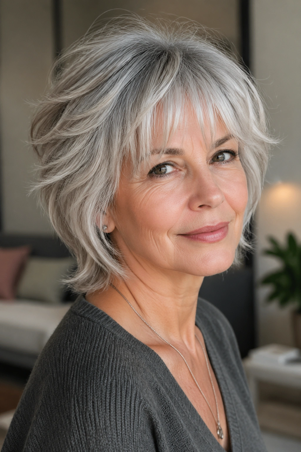 Close-up of a real woman with silver hair and wispy fringe.