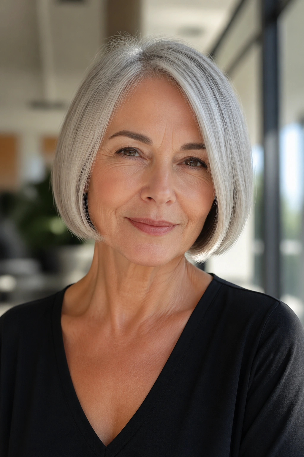 Close-up portrait of a real woman with a silver short bob and clean edges.