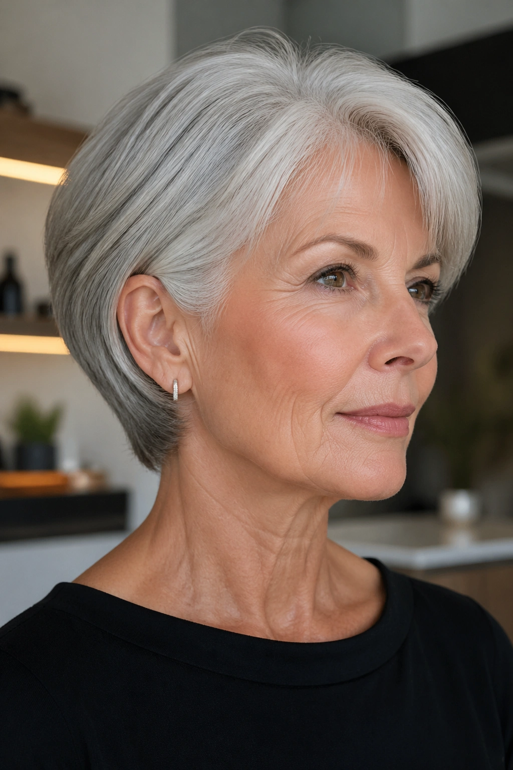 Silver-haired woman with a sleek wedge and tuckable sides in a modern interior
