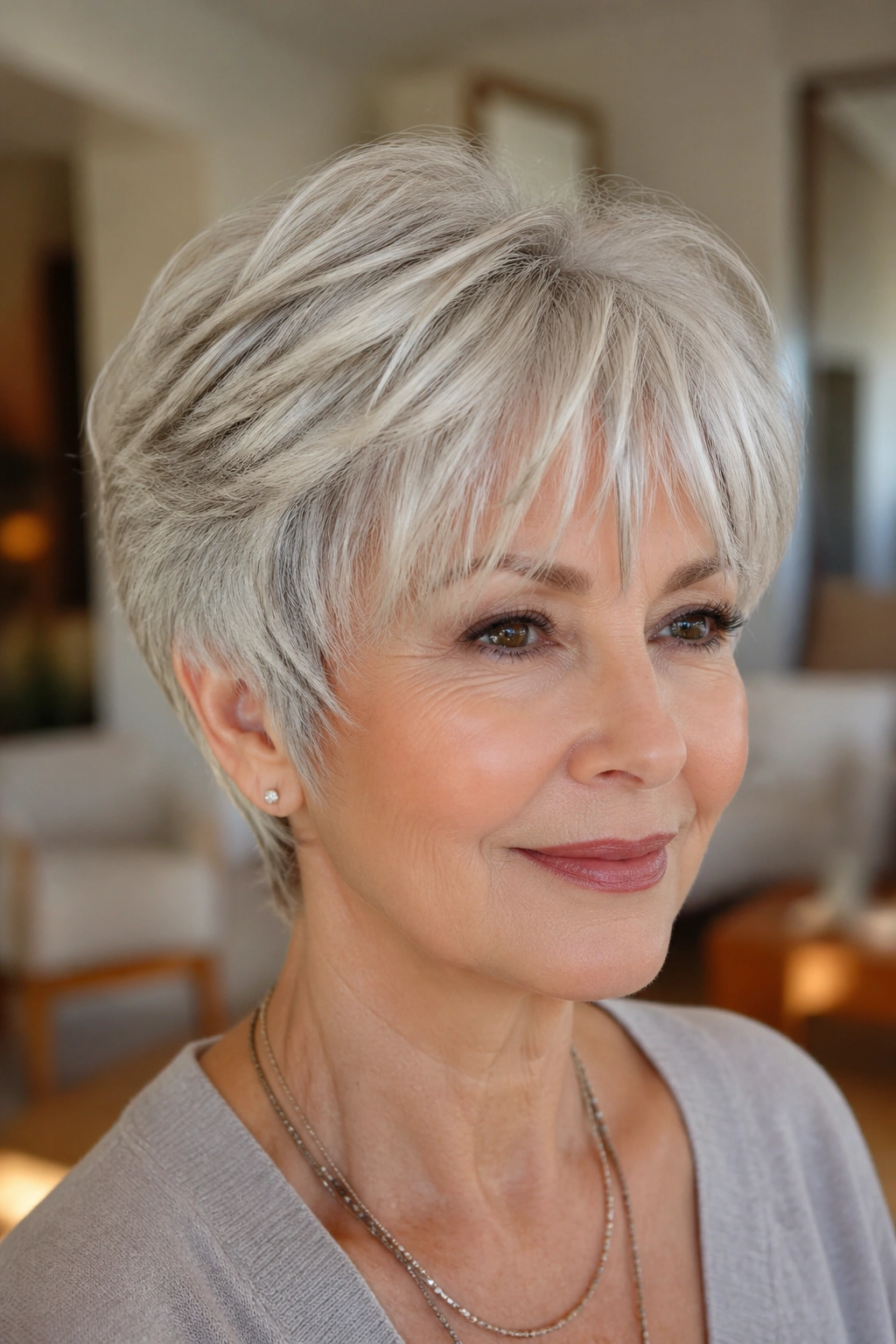Portrait of an older woman with a silver wedge and wispy bangs.