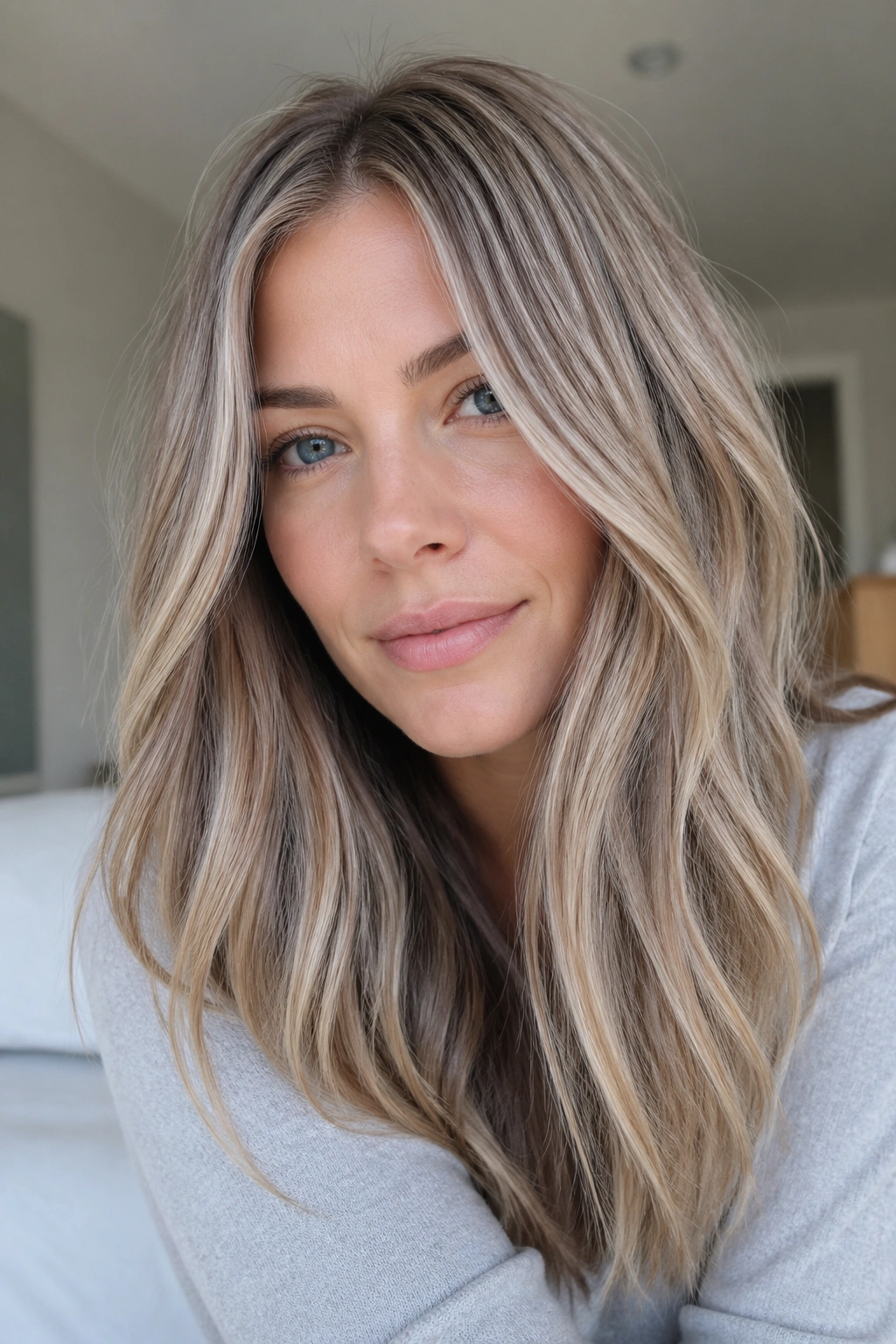 Close-up of a real woman with silvery dirty blonde hair.