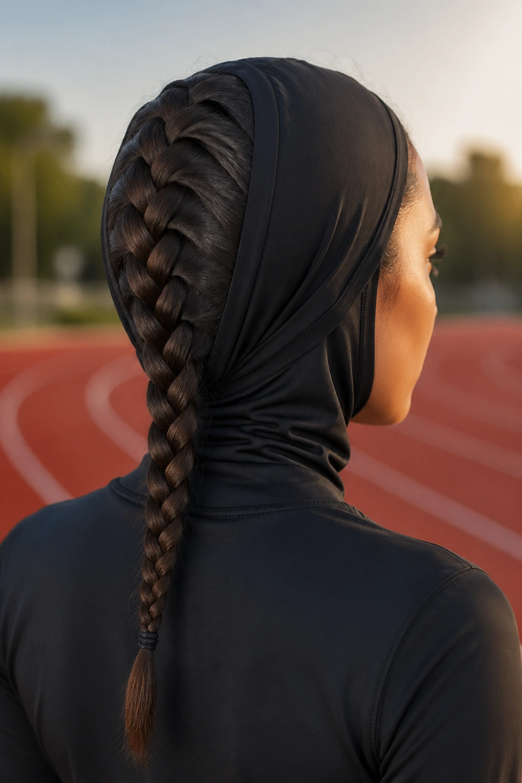 Close-up portrait of a real woman with a single French braid under a sports hijab
