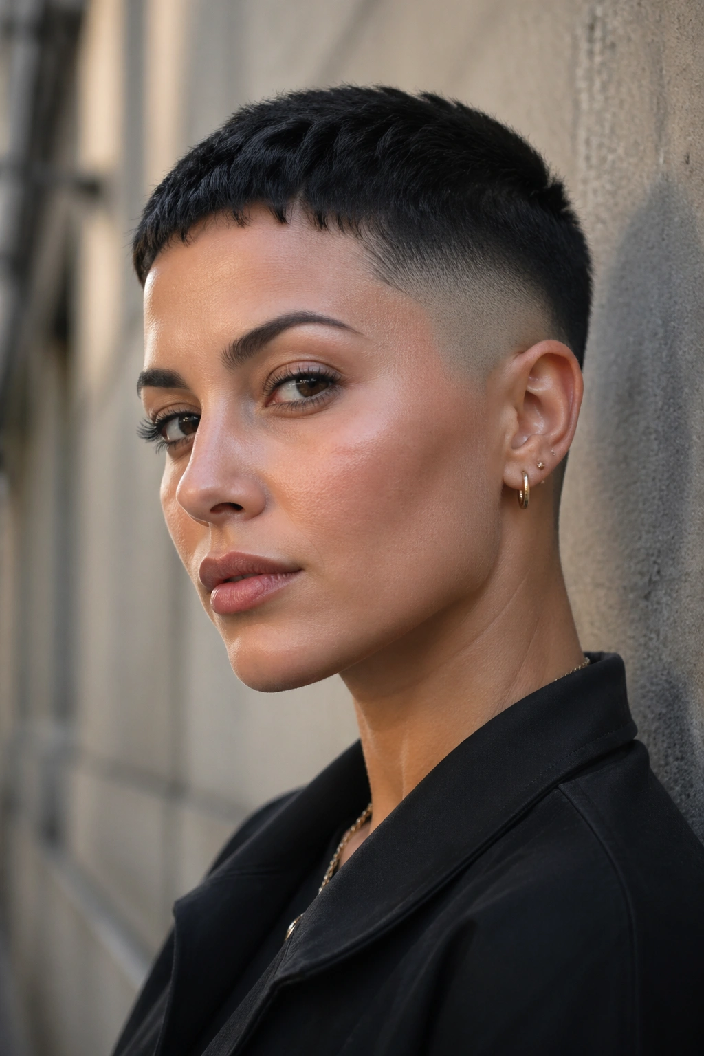 Close-up of a real woman with a skin fade and textured top