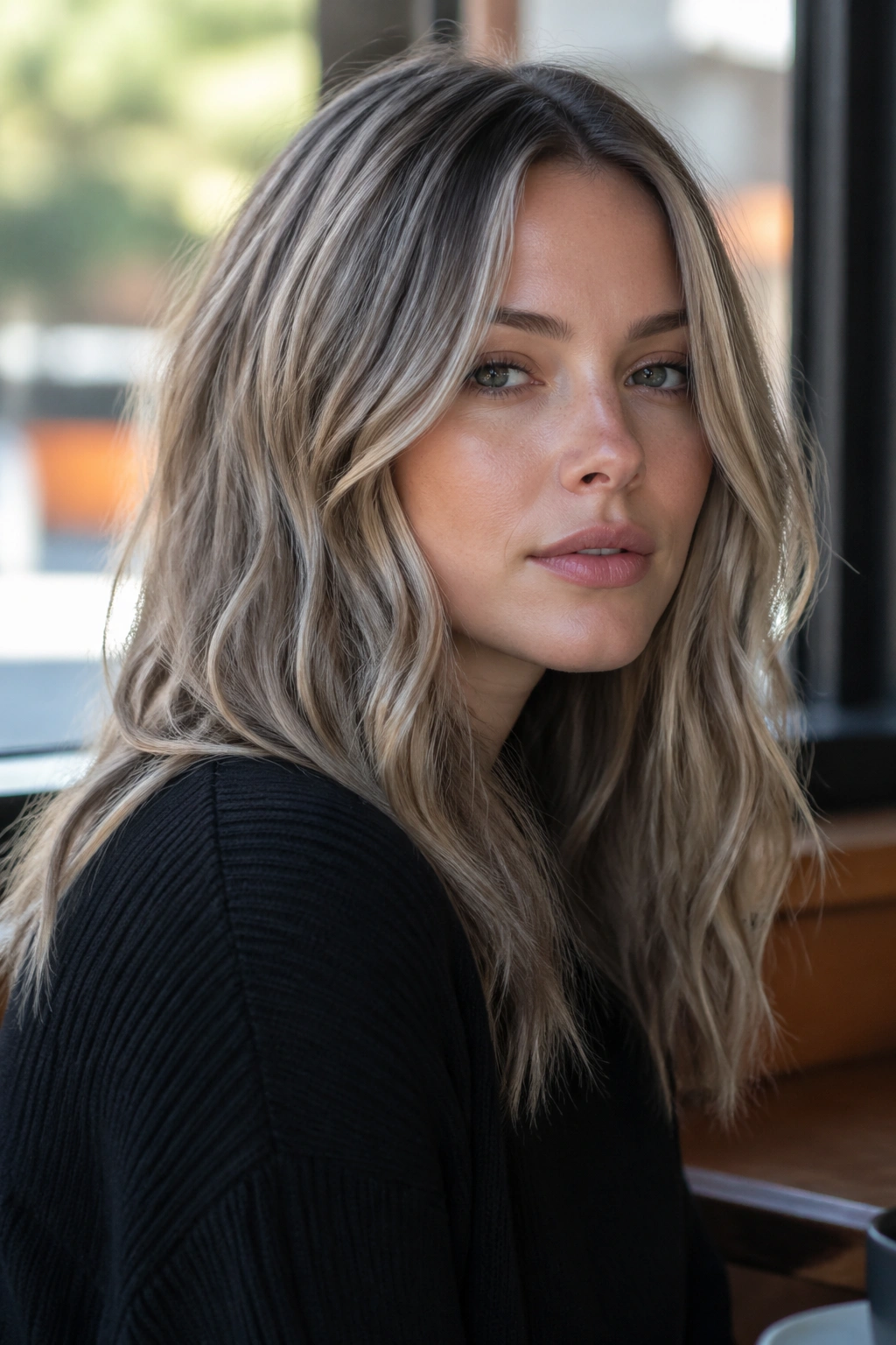 Close-up portrait of a real woman with slate blonde hair in natural light