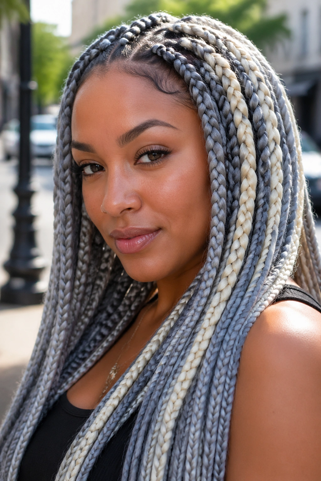 Close-up of a real woman with slate gray and pearl blonde goddess braids