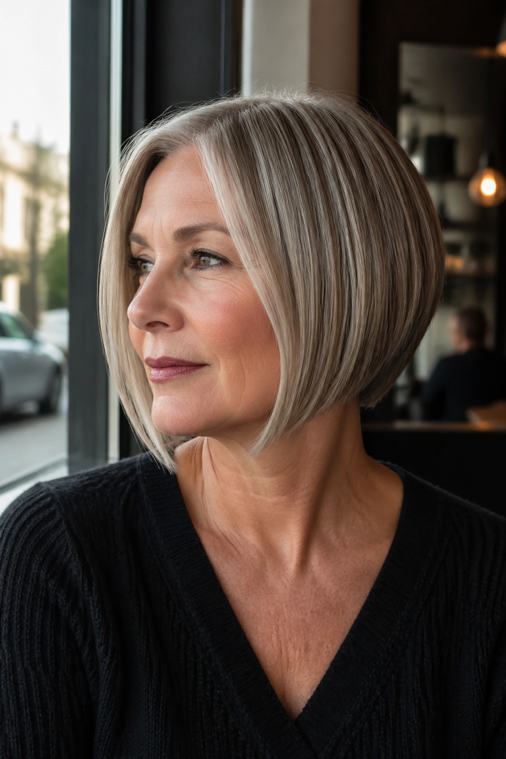 Close-up of a real woman with a sleek A-line bob