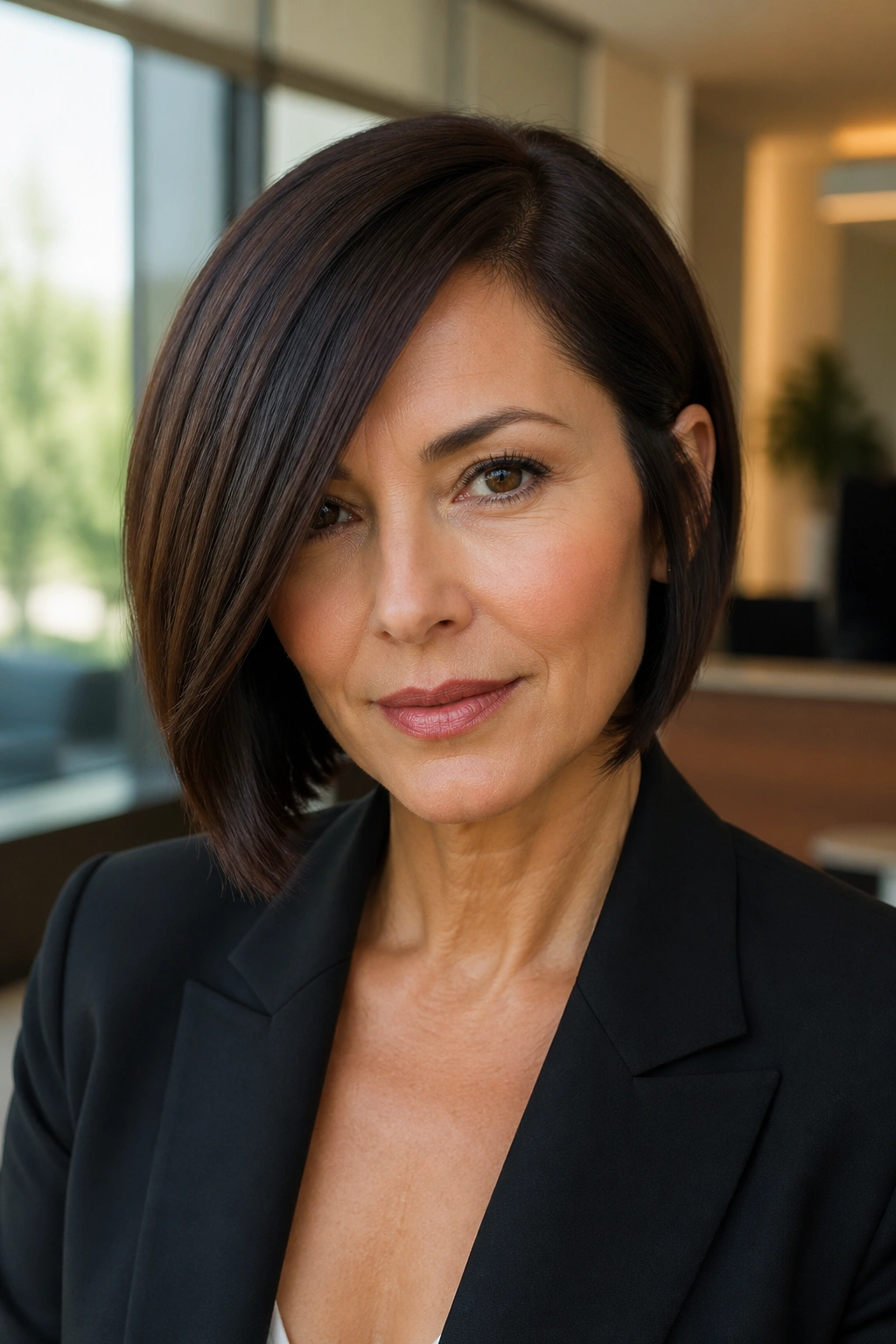 Close-up of a real woman with a sleek beveled bob