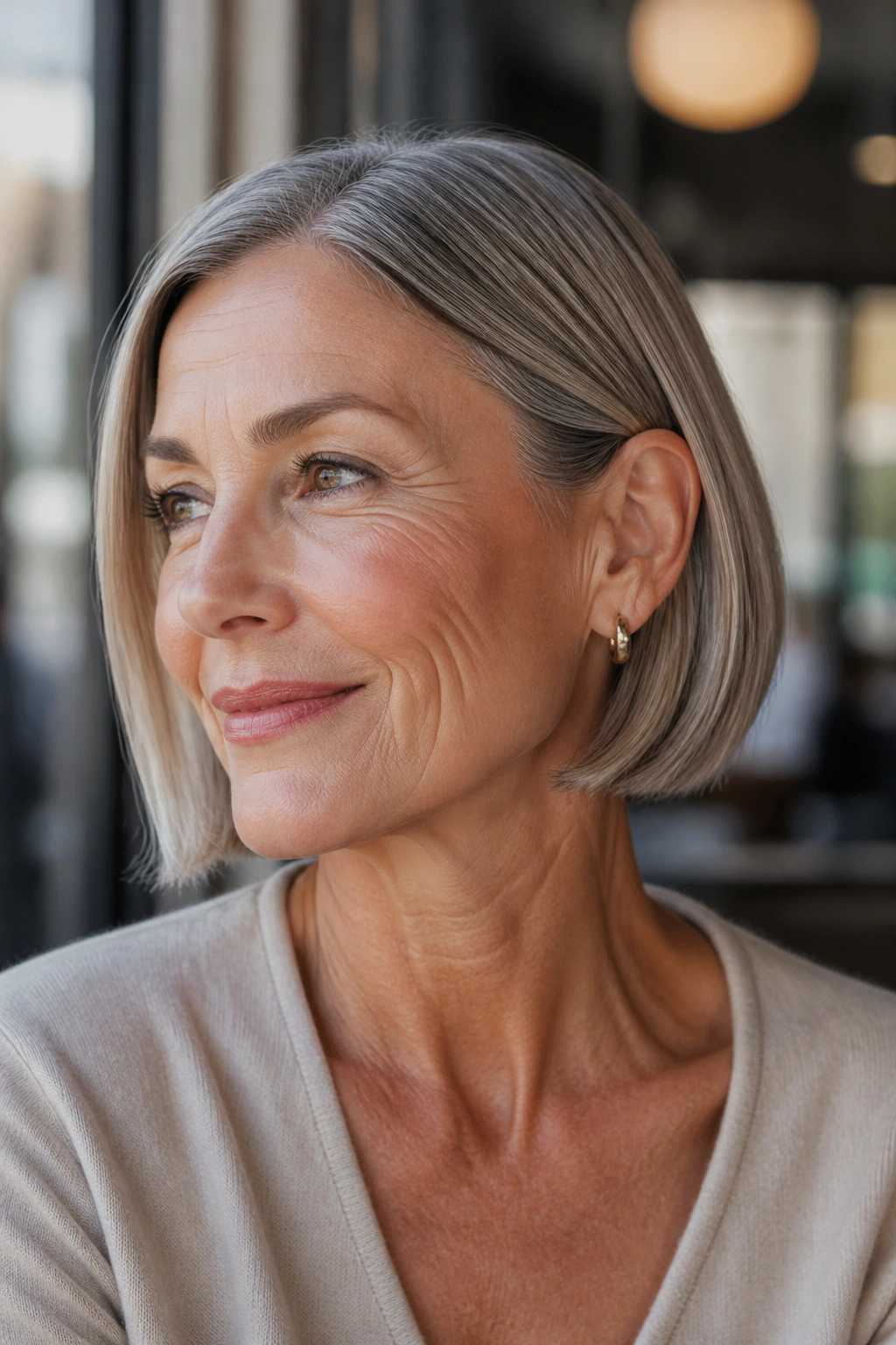 Real woman with sleek bob tucked behind the ear, in natural light.