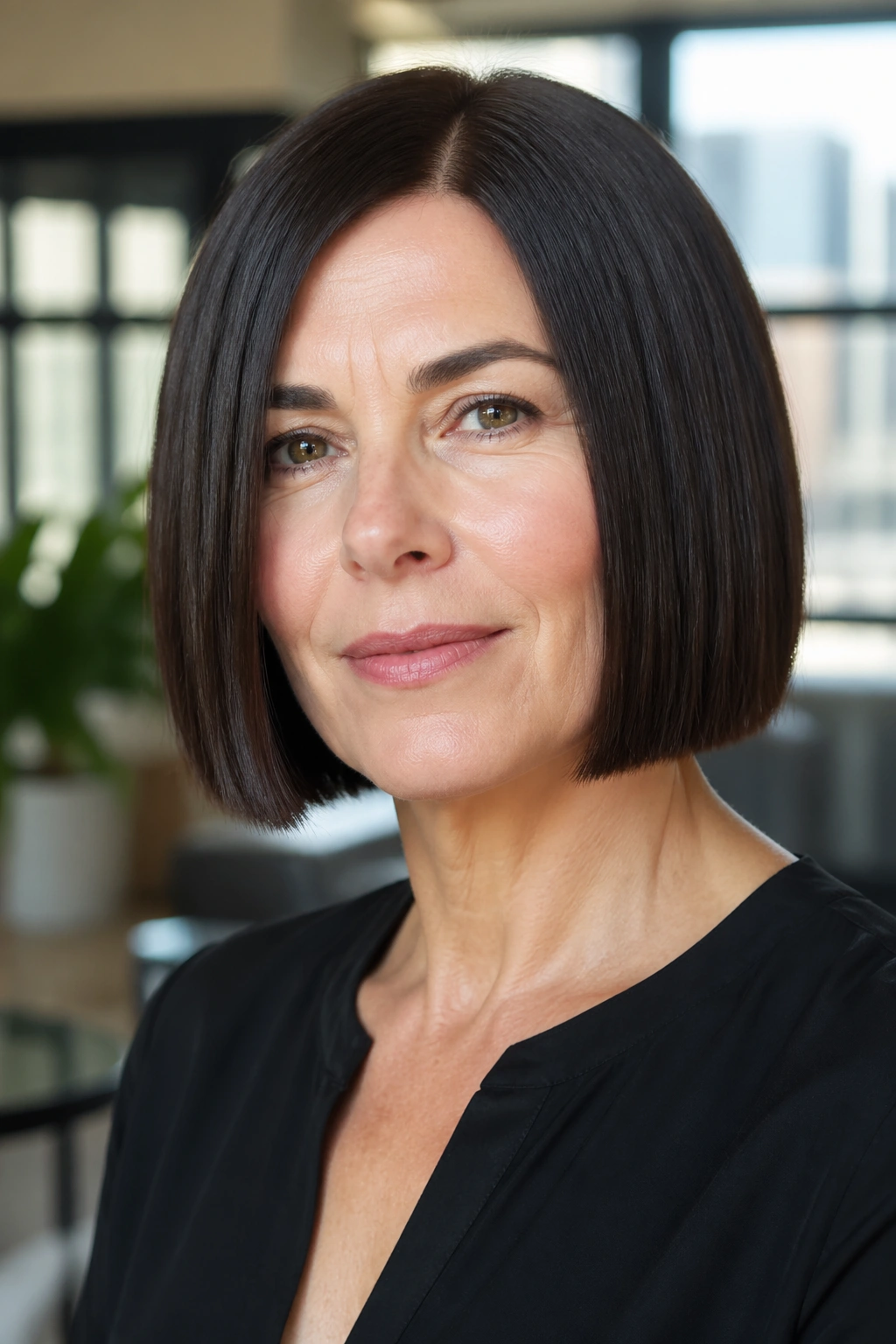 Close-up portrait of a woman with a sleek one-length bob and blunt edge