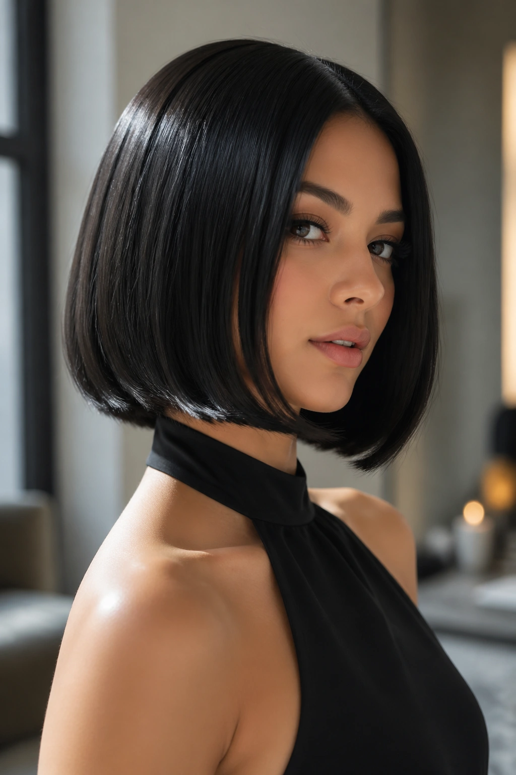 Close-up of a real woman with a jet-black glossy bob