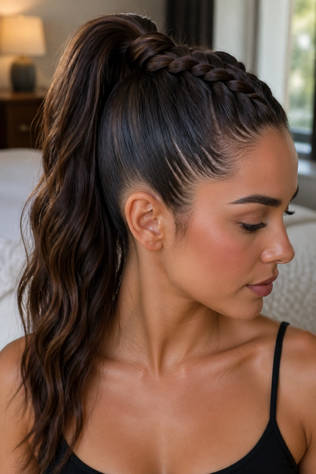 Close-up of a real woman with a sleek high French braid ponytail in natural daylight
