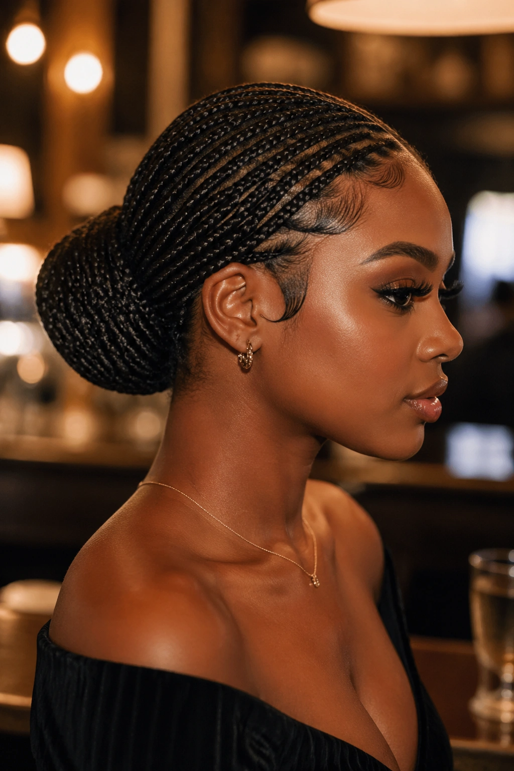 Close-up of a real woman with a sleek knotless braided bun and crisp edges in warm cafe lighting