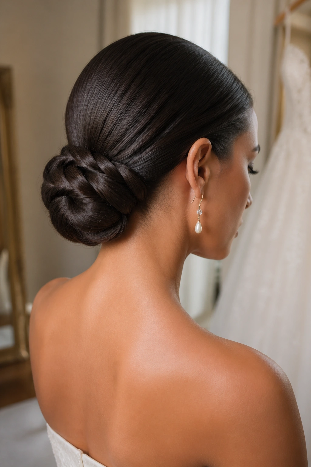 Close-up of a real woman with a Sleek Low Braided Chignon at the nape in a bridal dressing room.
