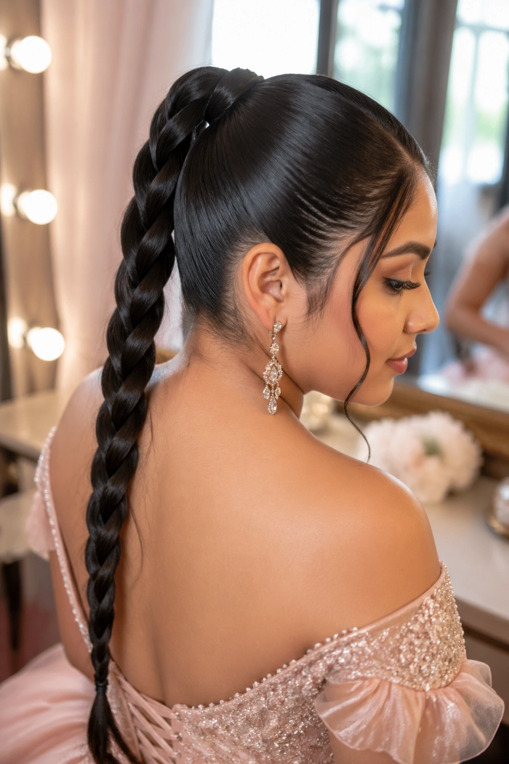 Close-up of Sleek Braided Ponytail on real woman, formal quinceañera hairstyle with wrapped base