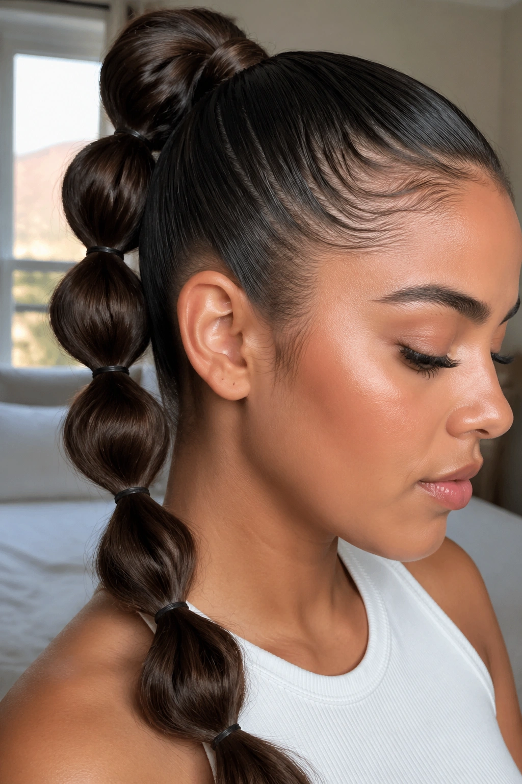 Close-up of a real woman with a sleek bubble braid at the crown