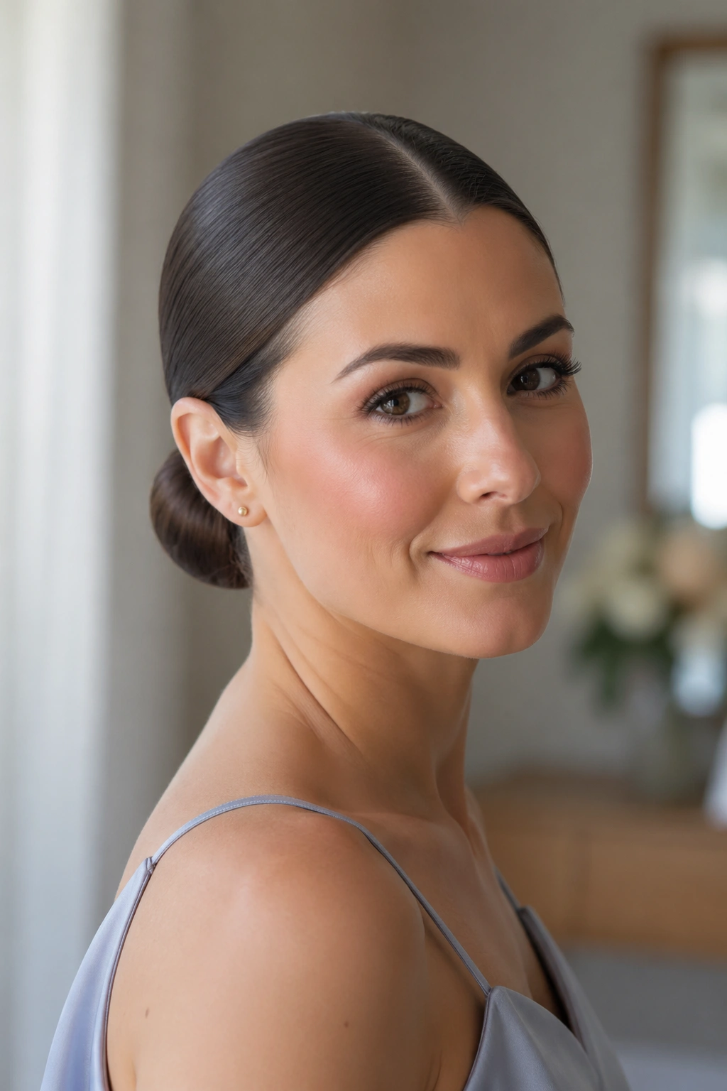 Close-up of a real woman with a minimal sleek bun and center part in a bridal suite