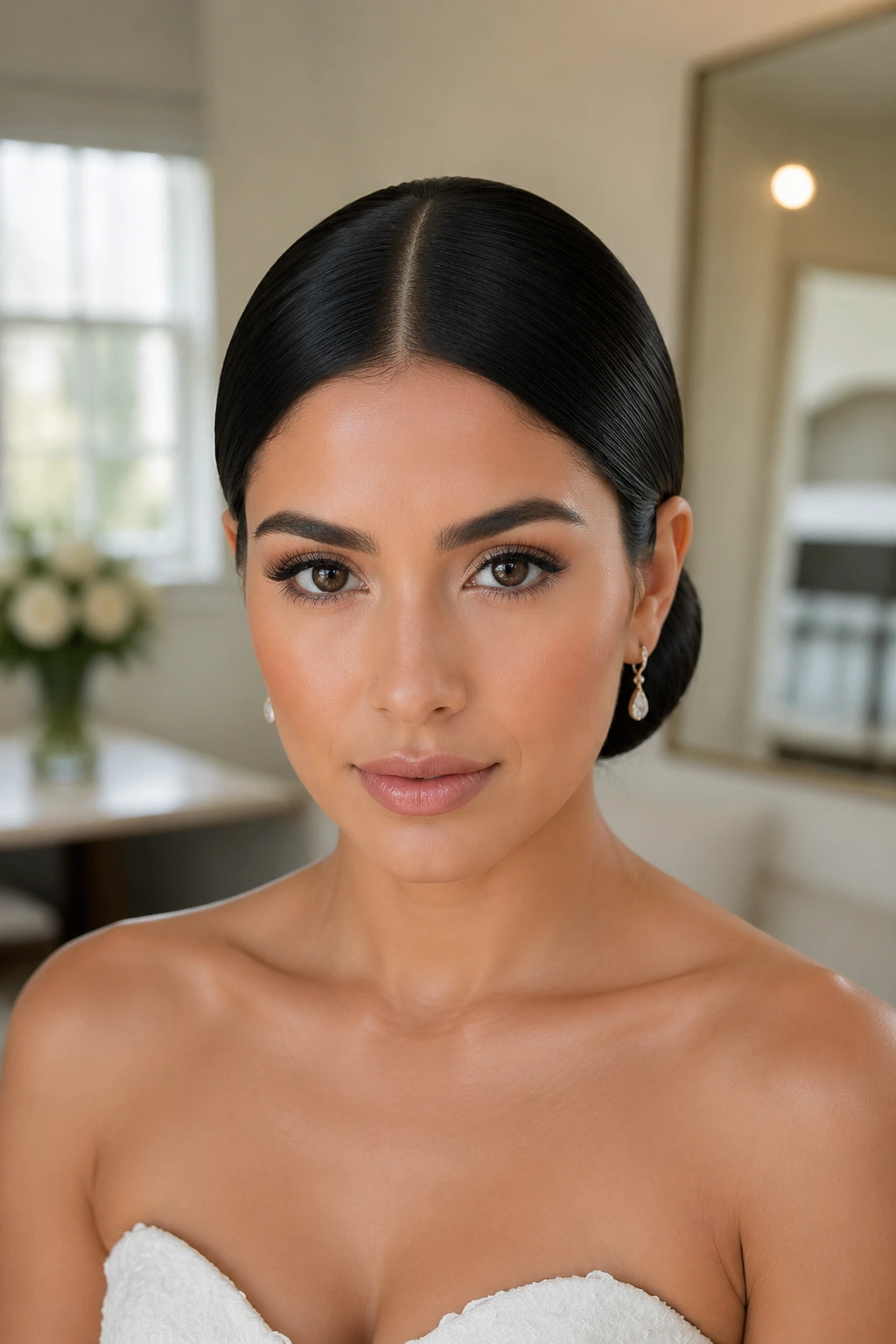Close-up of a real woman with a sleek center-part bun and jet-black shine.