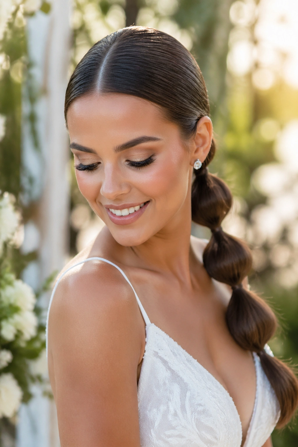 Close-up of a bride with a sleek center-part bubble ponytail in a garden setting