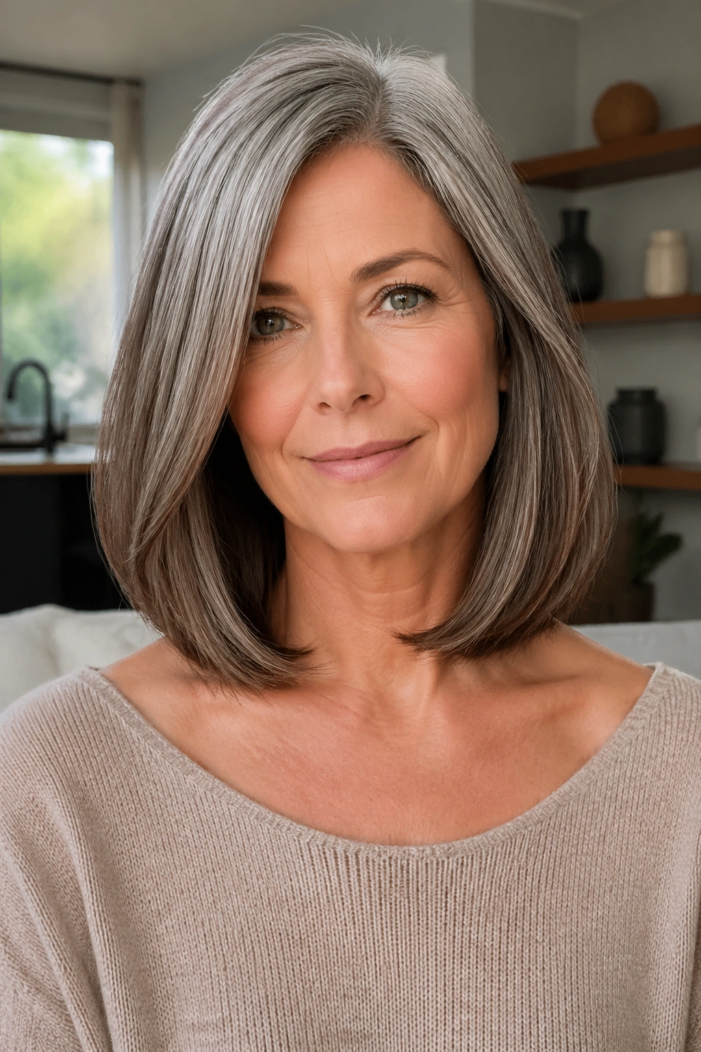 Portrait of a person with a sleek collarbone cut and mink lowlights in a modern interior