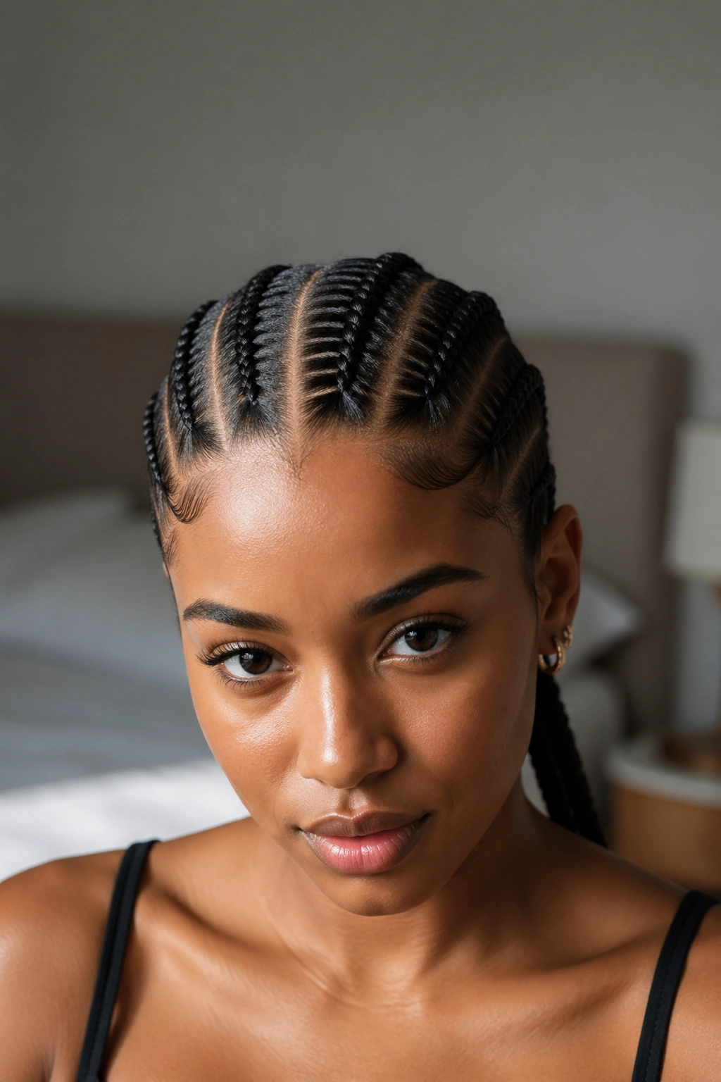 Close-up of a real woman with sleek center-part cornrows filling the frame