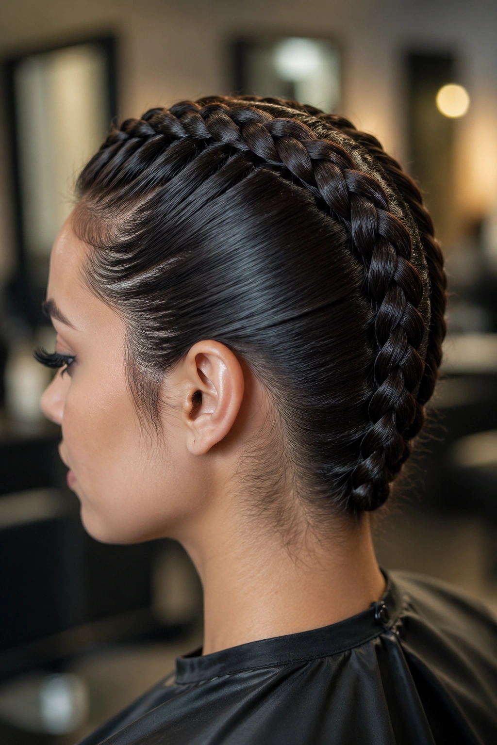 Close-up of a real woman with a sleek dragon braid from crown to nape in a modern salon