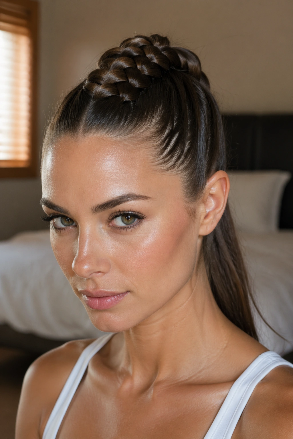 Close-up of a real woman with a sleek high French braid pulled into a ponytail under natural window light