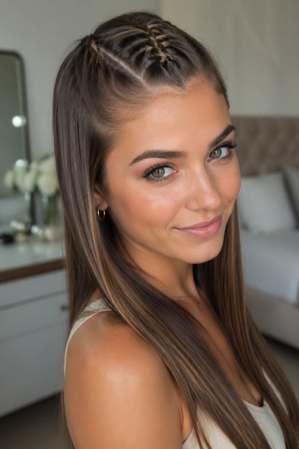 Woman with a sleek half-up French braid on straight hair, tight and neat
