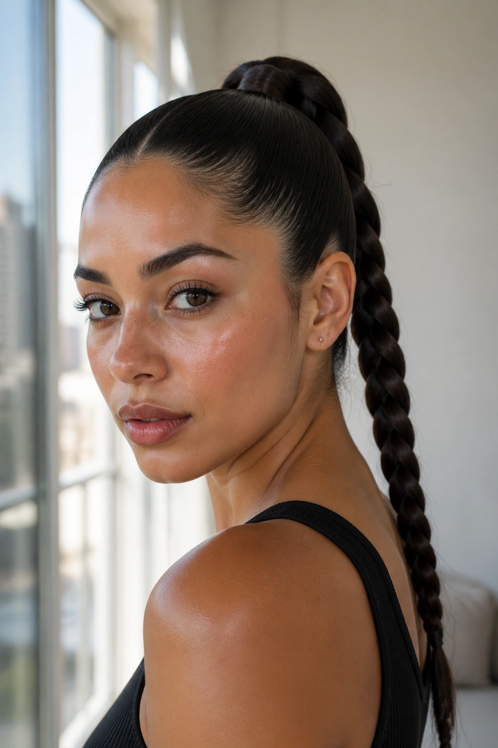 Close-up of a real woman with a sleek high braid under natural window light.
