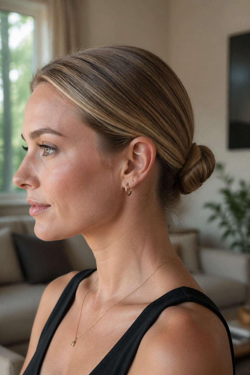 Medium close-up of a woman with a sleek small knot at the back