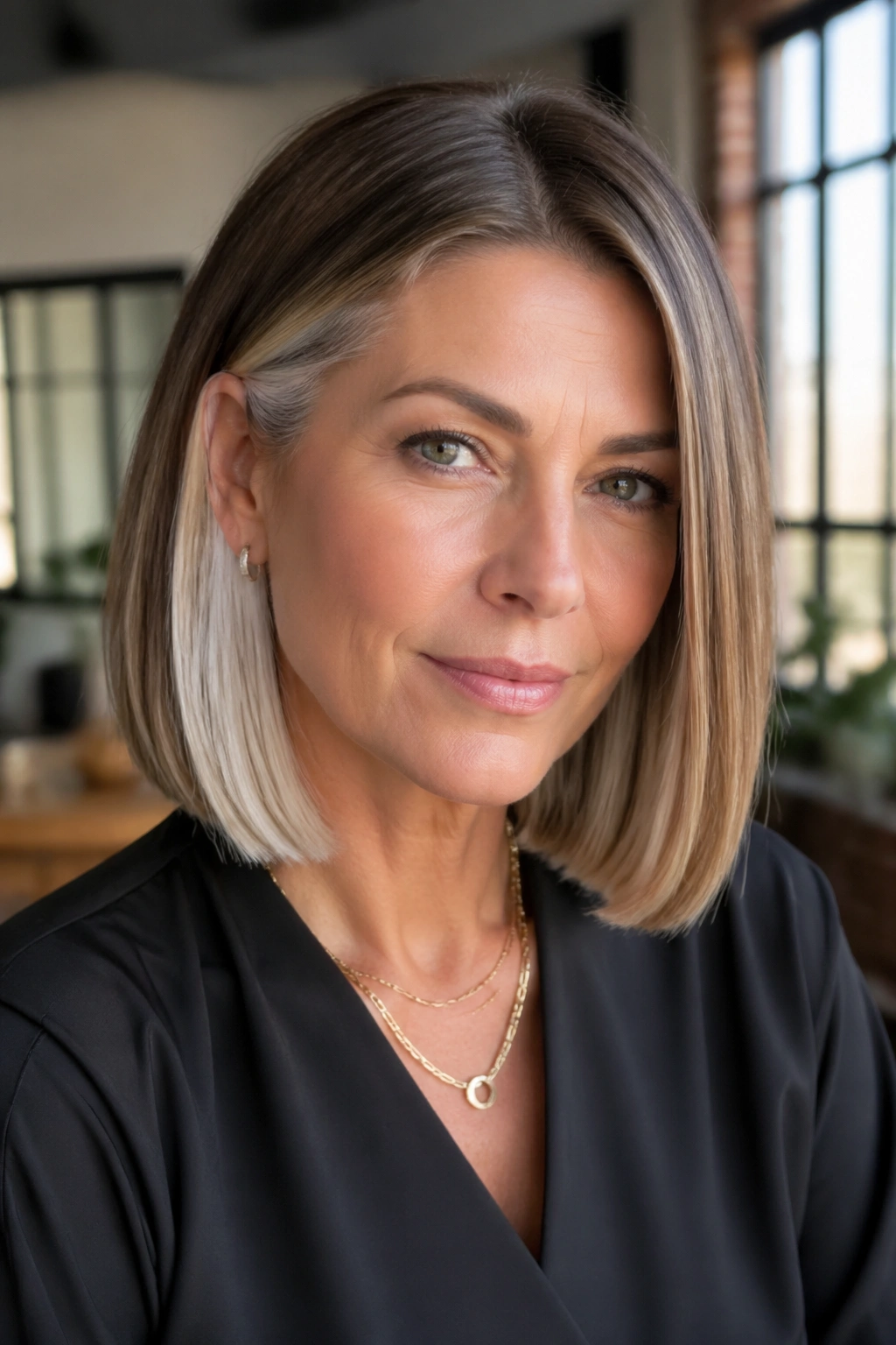 Close-up portrait of a real woman with a sleek straight lob and platinum peekaboo panels