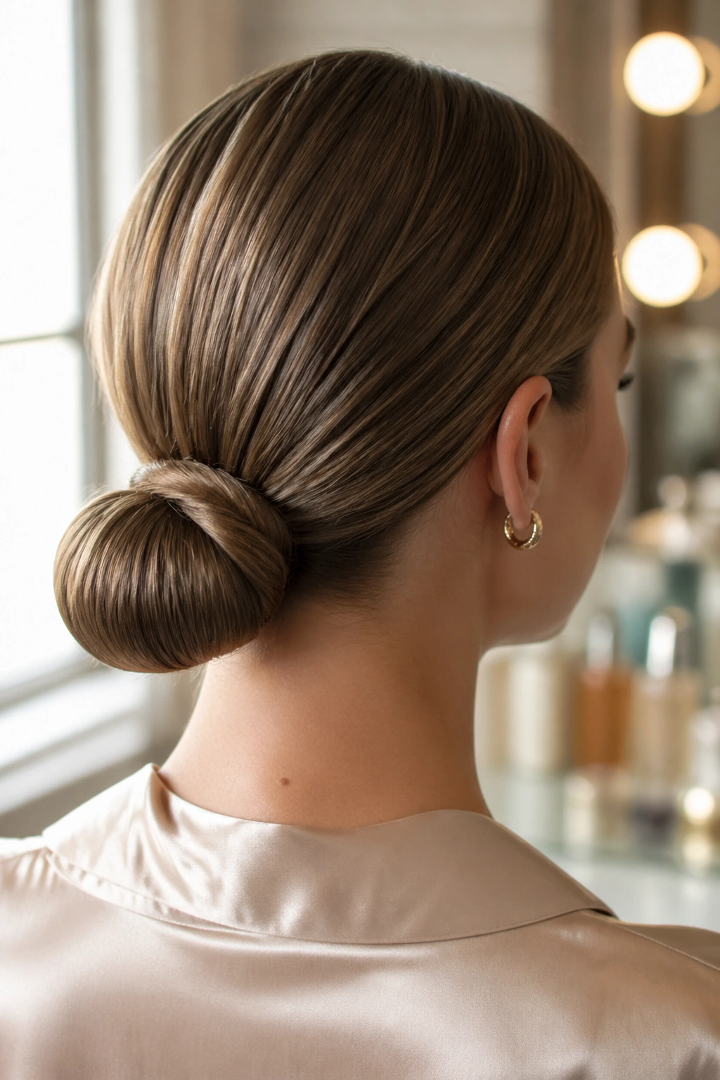 Close-up of a real woman with a sleek low bun at the nape for fine hair
