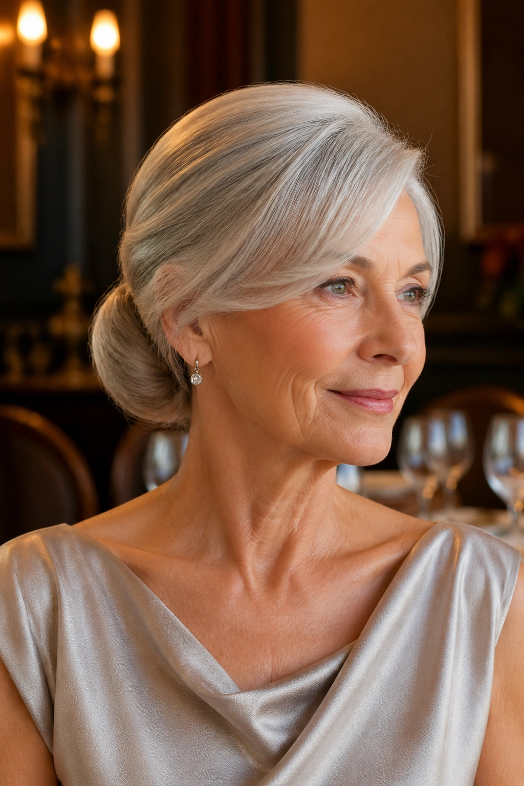 Portrait of a woman with a sleek low bun and side-swept fringe