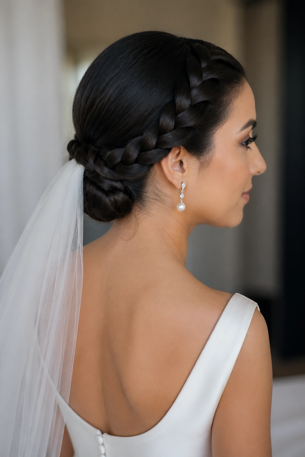 Close-up of a real bride with a sleek low halo braid