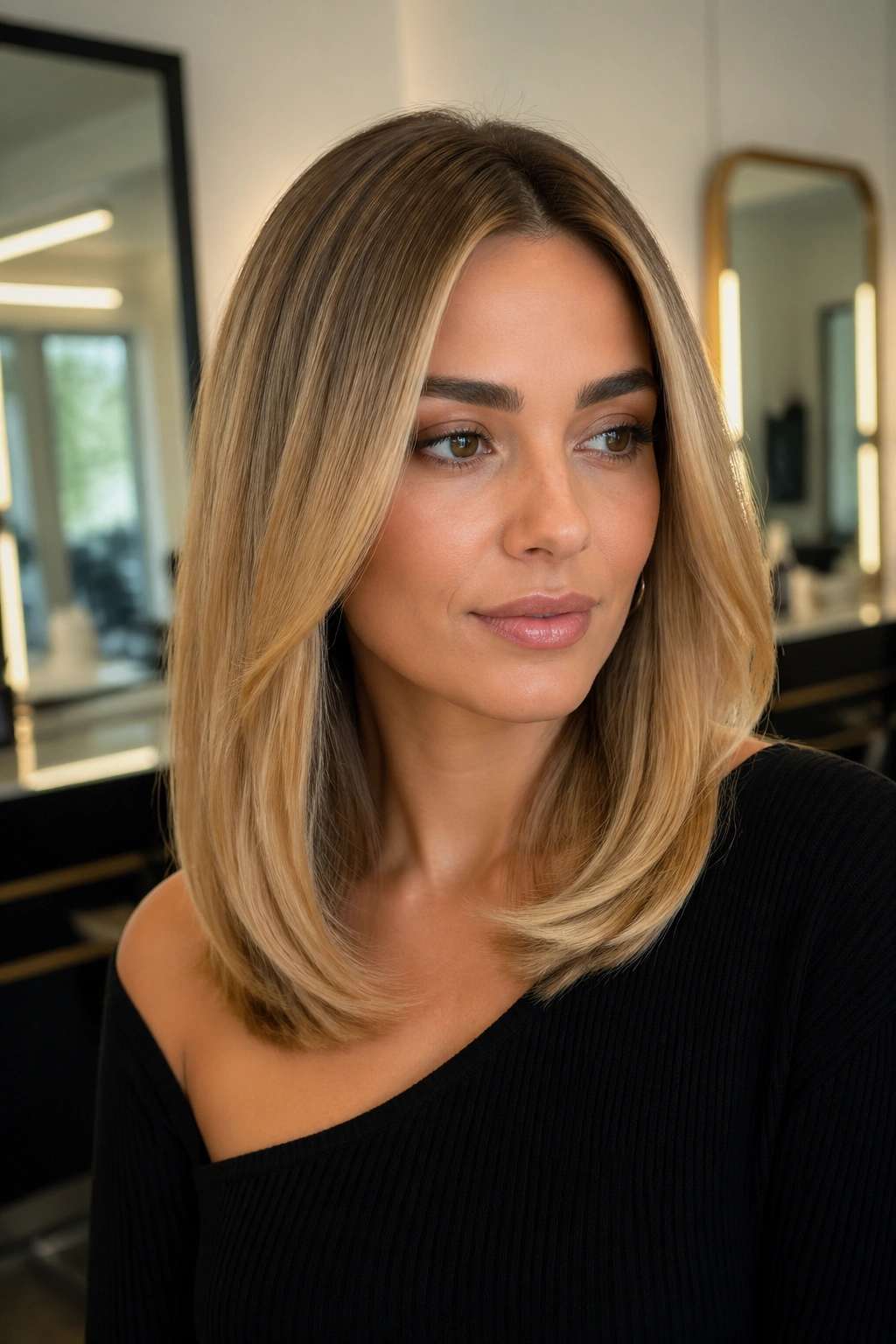 Close-up of a real woman with a sleek mid-length honey-blonde blowout