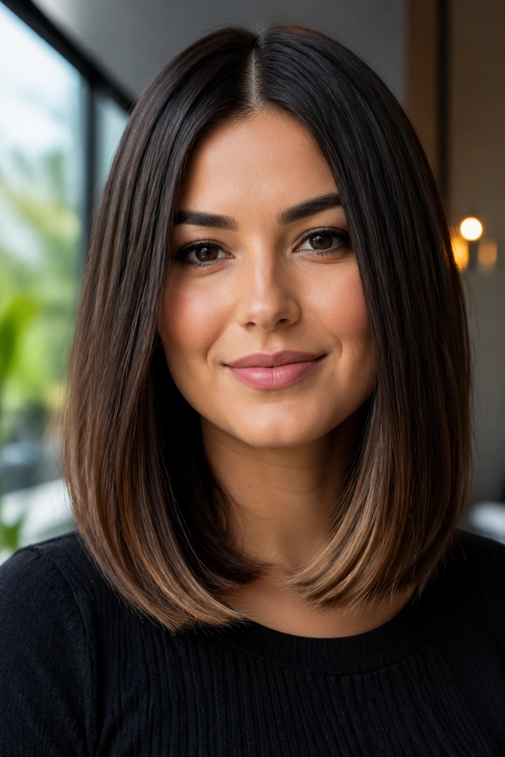 Real woman with sleek mid-length hair and center part in a bright interior.