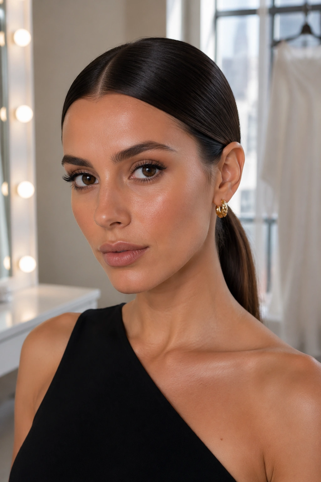 Real woman with a sleek middle-part and low ponytail at the nape.