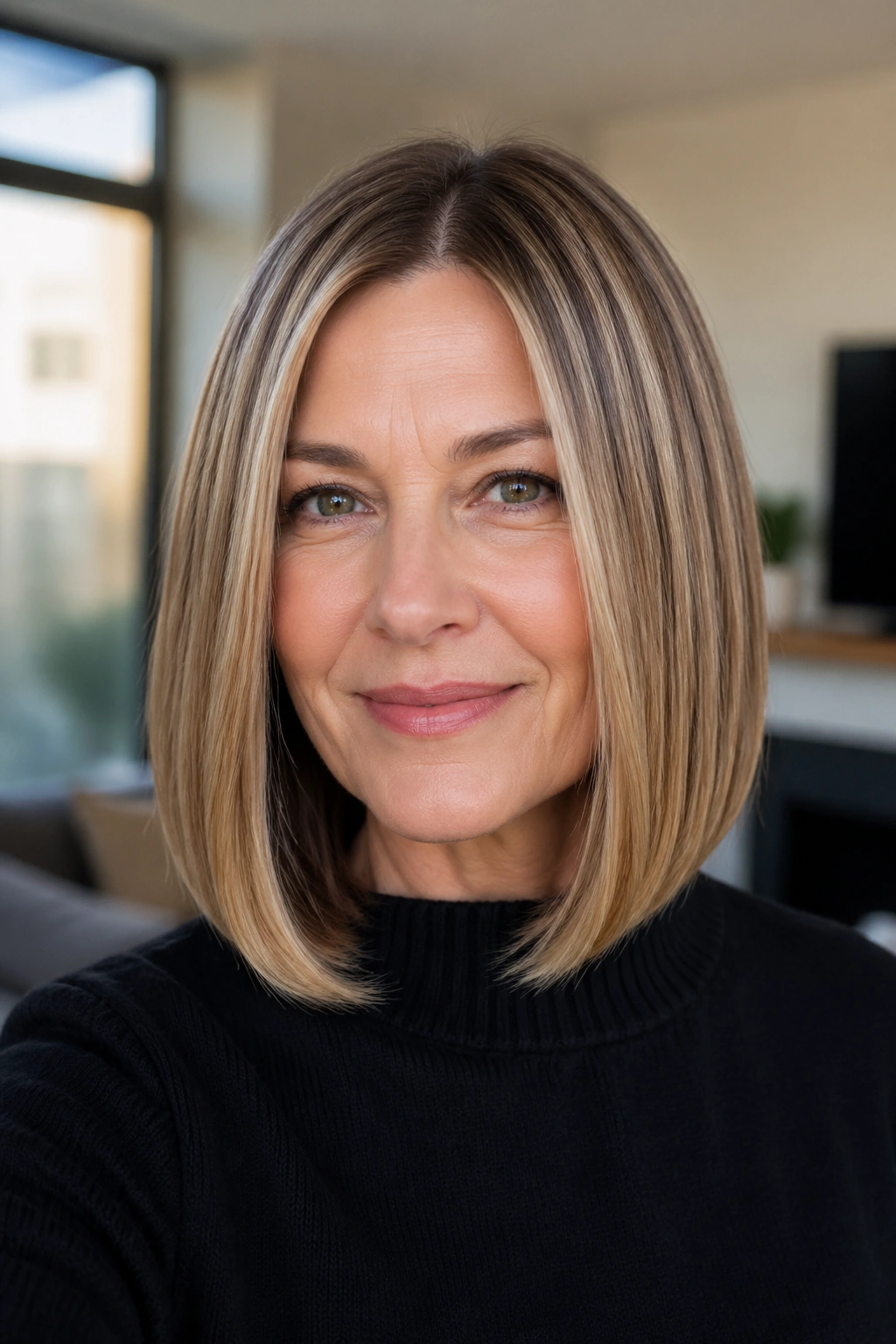 Close-up of a real woman with a sleek midi cut and glossy finish.