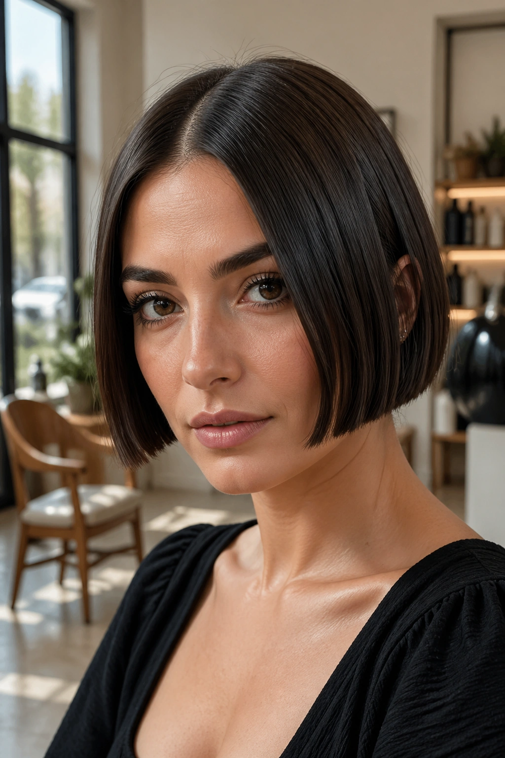 Close-up portrait of a woman with sleek mini bob, center part, glossy hair