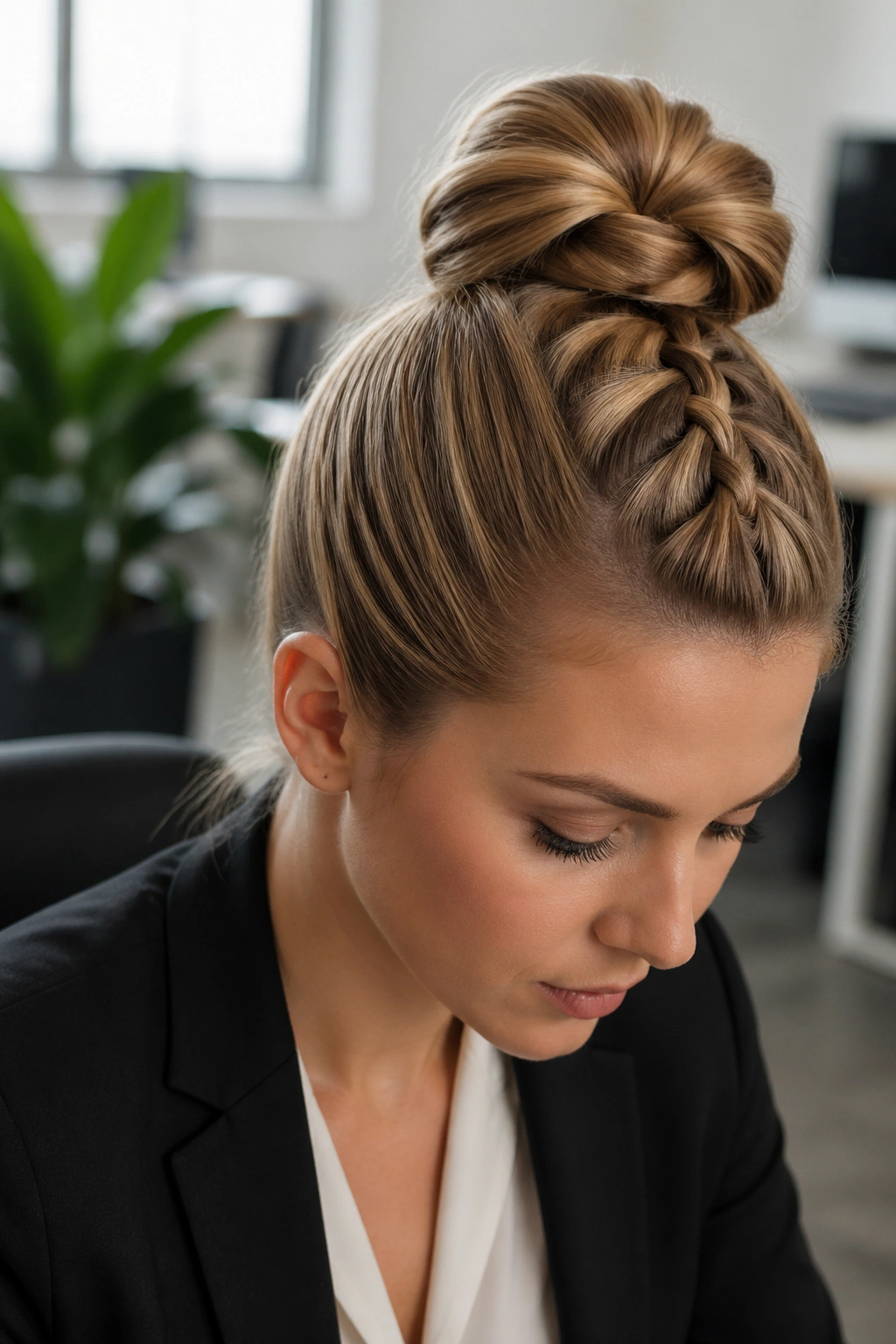 Close-up of a real woman with a sleek office French braid bun