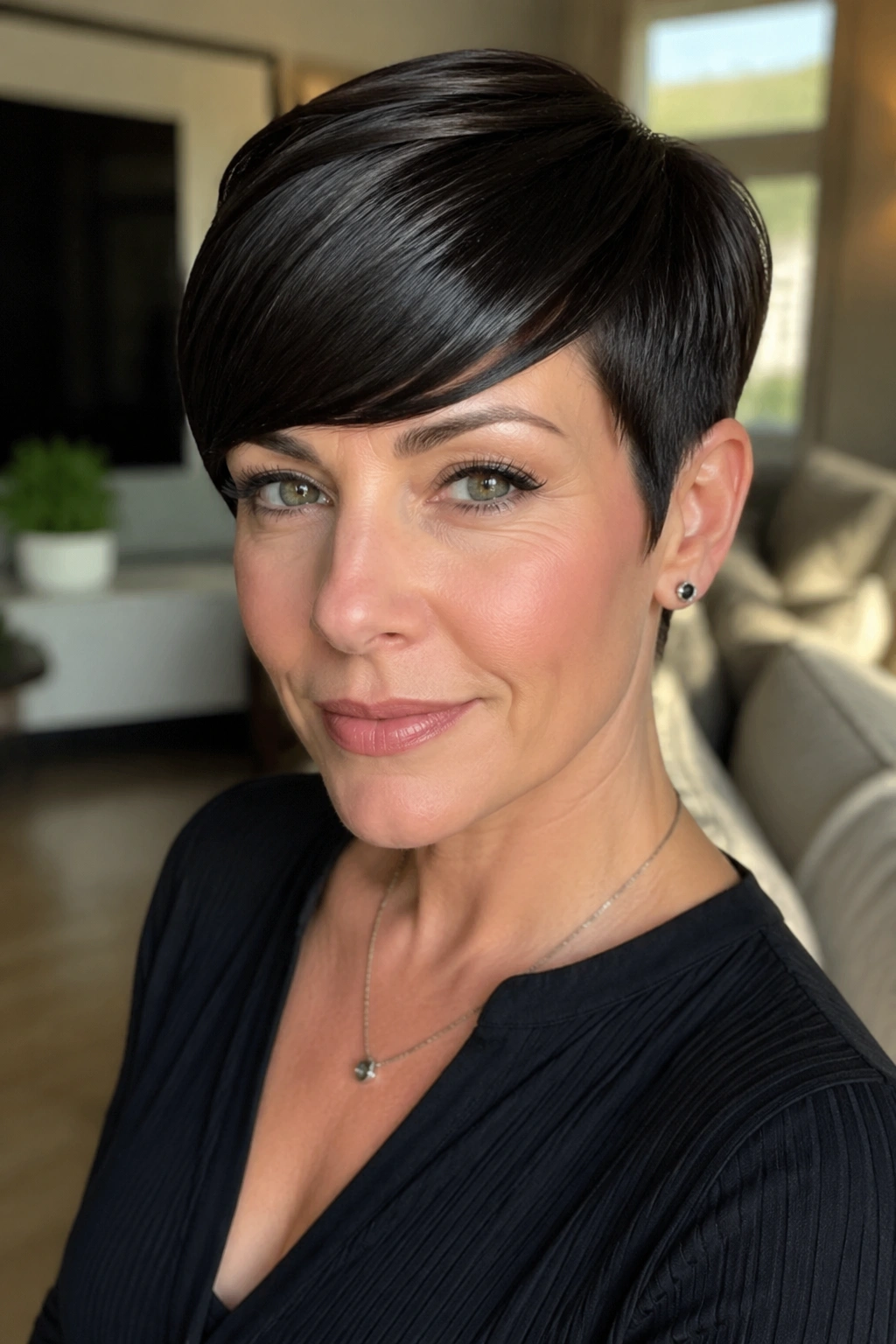 Close-up of a real person with sleek pixie and polished side bangs in a modern living room