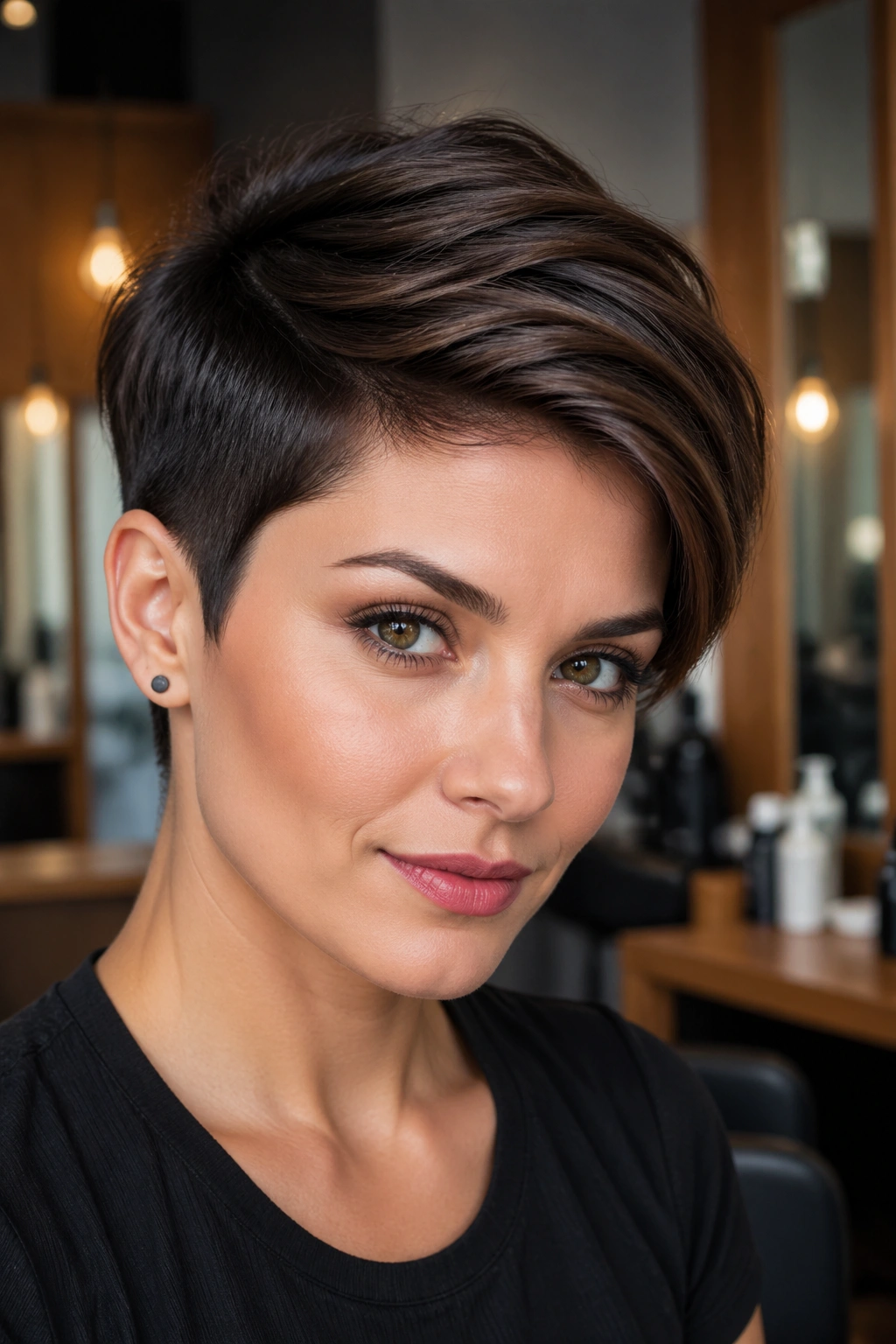 Close-up portrait of a real woman with a sleek pixie and long top hairstyle in an upscale salon.